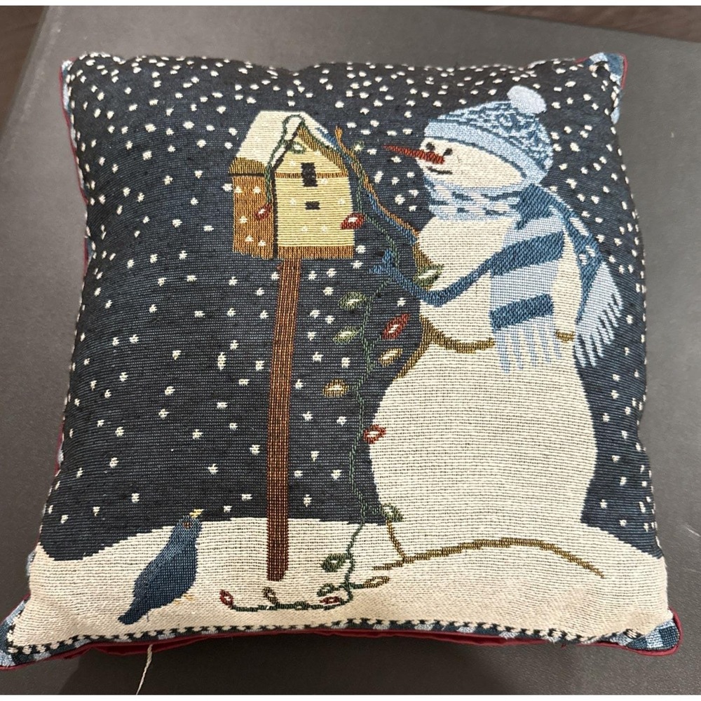Vintage Snowmen Birdhouse Blue Bird  Tapestry‎ Pillow 14 Inch Holiday Winter